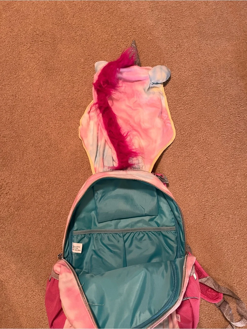 Unicorn Hoodie Tie-Dye Backpack with Pink Mane. Like New. Measurements in photos